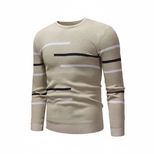 Suéter a rayas Beige para hombre, Jersey de punto informal, elegante cuello redondo, ajustado, prendas de punto suaves, cómodo, manga larga, moda moderna - Product Image 1