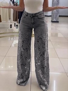 Jeans élégants pour femmes, chic, <span class=keywords><strong>grande</strong></span> <span class=keywords><strong>taille</strong></span>, dentelle ajourée, <span class=keywords><strong>taille</strong></span> haute, jambe <span class=keywords><strong>large</strong></span>, denim extensible - Product Image 4