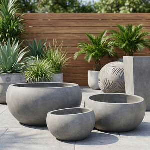Ensemble de pots à fleurs en béton modernes pour l'extérieur, jardinières de jardin au design minimaliste, style circulaire gris pour plantes - Product Image 2