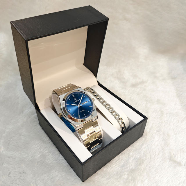 Poedagar 930 & Chain Bracelet & Box Gift Set, Simple Design Men Quartz Watches, Exquisite Gift Box, Top Choice for Father's Day