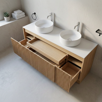 Mueble de Baño con Doble Lavabo para Montar en la Pared, con Gabinete de Madera Acanalada, Cajones de Almacenamiento Abiertos, Diseño Moderno para Proyectos Hoteleros