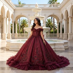 ชุดราตรีงาน Quinceanera แบบคลาสสิคสีเบอร์กันดี รุ่น 8573 ประดับโบว์หวาน  ตกแต่งด้วยลูกปัด คริสตัล ลูกไม้พิมพ์ลาย ปักลายธรรมชาติ - Product Image 1