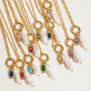 J & D 18K oro Acero inoxidable deslustre vidrio de color libre perla de agua dulce circón colgante collar de piedra natal - Product Image 1