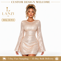 Fabricant de robes de soirée à sequins personnalisées, robe moulante pour femme, mini, col rond, manches longues évasées, robe de soirée à lacets dans le dos