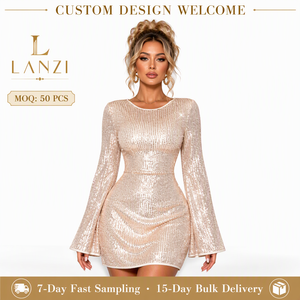 Produttore di Abiti da Festa con Paillettes Personalizzati, Mini Abito Aderente da Donna con Collo Tondo, Maniche Lunghe a Campana, Vestito da Sera con Lacci sul Retro - Product Image 1