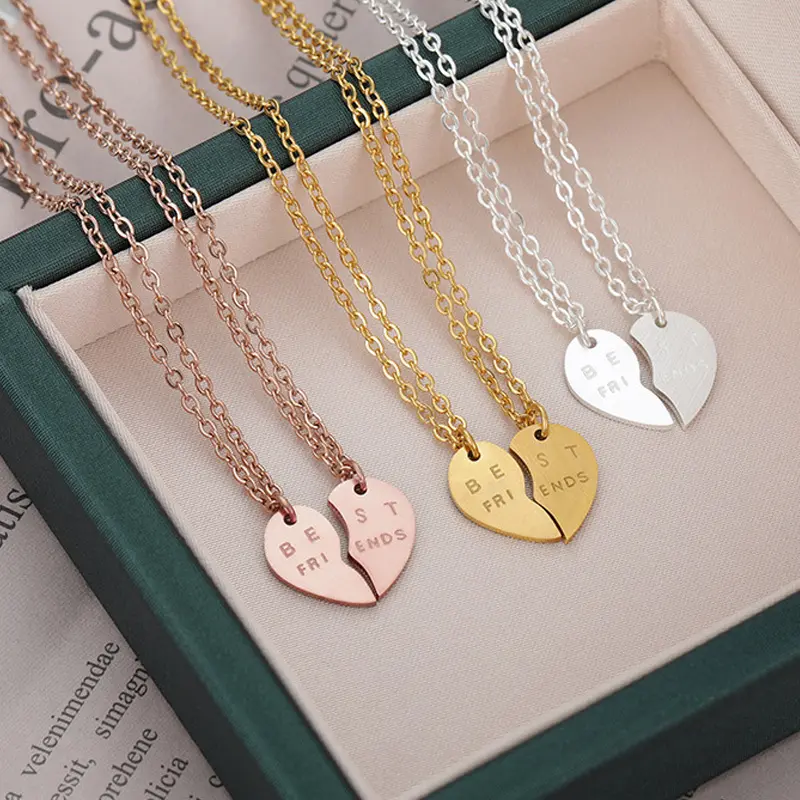 Stainless Steel Broken Heart Two Pieces Of Love Necklace Engraved Best Friends Pendant Necklace Sets For Gifts