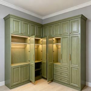 6-Door Swing Wooden <b>Wardrobe</b> With Ribbed Panel Design Green Finish Built-In Lighting & <b>Drawer</b> Storage <b>for</b> Bedroom - Product Image 1