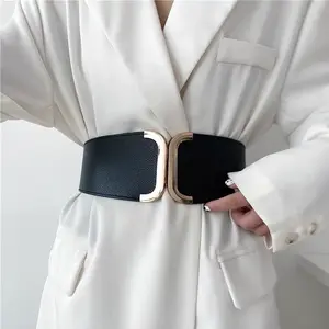 New Trendy Elastic Strength Belts with Big Clasp Belt Buckle Fashion Wide Stretchy Vintage Cinch Waistband Women