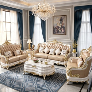 Ensemble de canapés en cuir véritable de luxe européen, 3 places, <span class=keywords><strong>2</strong></span> places, fauteuil, cadre en bois sculpté doré, salon, style classique palais - Product Image 1
