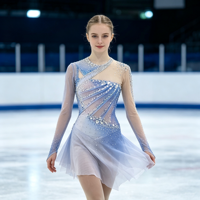 Robe de patinage artistique bleue et blanche, transparente, à manches longues, avec strass, pour enfants et adultes, pour les compétitions et les spectacles sur glace
