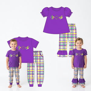 ชุดเสื้อแขนสั้นสีม่วงและกางเกงลายสก๊อตสำหรับเด็กผู้หญิงวัยเตาะแตะ - Product Image 1