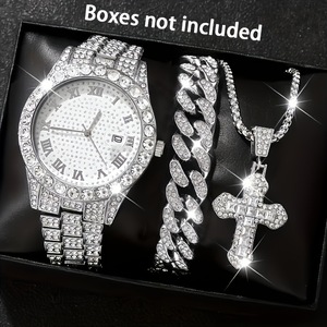 Ensemble de montre et de bijoux pour <span class=keywords><strong>homme</strong></span> tendance, 3 pièces, montre en alliage avec cadran en strass, calendrier, collier, bracelet, cadeau pour <span class=keywords><strong>homme</strong></span> - Product Image 1