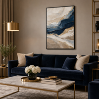 Peinture abstraite bleu marine et or texturée sur toile encadrée, grande décoration murale de luxe nordique moderne pour la maison ou le bureau