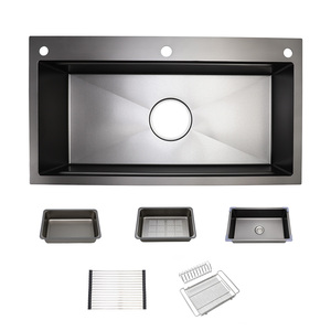 Lavello da <span class=keywords><strong>Cucina</strong></span> Coreano Standard in Acciaio Inox 304, Montaggio Superiore, Vasca Singola, Nero Opaco, con Dimensioni Personalizzabili e Vari Accessori - Product Image 3