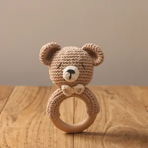 Handmade Bear Baby Teether Wooden Crochet Rattle Hand Shacking Toy for Toddle