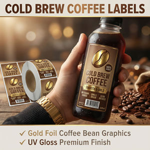 Étiquettes pour bouteilles de café froid imperméables |   Autocollants personnalisés en feuille d'or pour bouteilles en verre et en plastique - Product Image 4