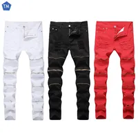 Red Skinny Distressed Jeans Schwarze Jeans Herren Schwarz-Weiß Kariertes Loch Patch Stitching Jeans