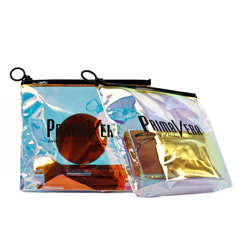 Yeni tasarım holografik Film kozmetik ekran ambalaj poşetleri lazer şeffaf PVC fermuarlı çanta