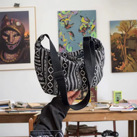 Tas Selempang Wanita Vintage, Model Resleting, Tali Tunggal, Kanvas Etnik, Tas Selempang untuk Wanita