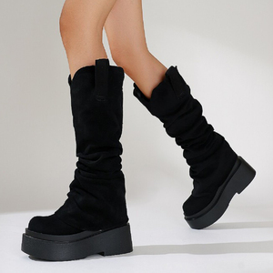 Botas Altas de Plataforma Gruesa de Ante con Tacón Plano y Punta Cuadrada, Botines Largos Plisados para Mujer, Talla Grande 44, con Superposición hasta la Rodilla - Product Image 2