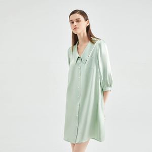 Robe chemise en satin pour femme, manches trois quarts, col rabattu, longueur genou, chemise de nuit - Product Image 2