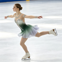 Robe de patinage artistique pour adultes et enfants, dégradé vert et blanc, maille, manches longues, chaîne de strass au dos, costume de performance et de compétition