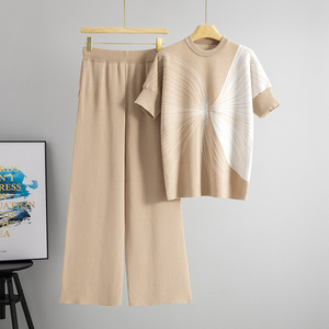 Ensemble de chandails en tricot pour femmes, été, manches courtes, avec pantalon large, polyester, coton, imprimé, tenue tendance en deux pièces - Product Image 1
