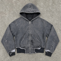 Sweat à capuche zippé vintage délavé pour homme, coupe oversize courte, effet usé, déchiré, bords effilochés, style streetwear, personnalisable OEM