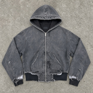 Felpa con cappuccio da uomo vintage lavata con zip, oversize, corta, effetto distressed, strappata, con bordi sfrangiati, streetwear, personalizzabile OEM - Product Image 1