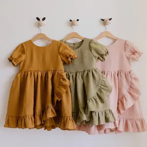 2024 su misura etichetta di lavaggio colori diversi nuovo stile di lino di cotone manica corta neonato bambina principessa abiti da piccolo ordine