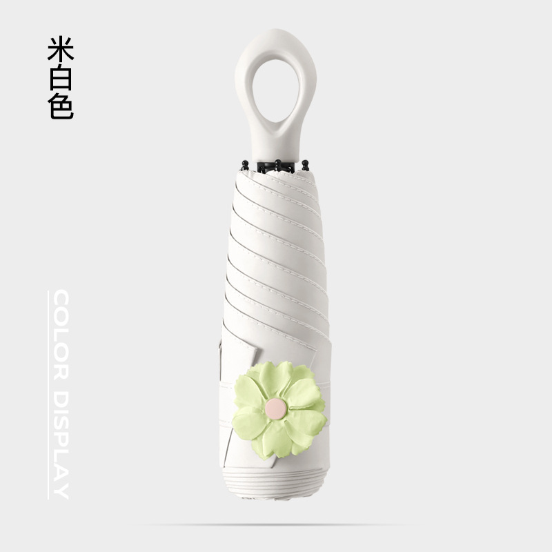 ร่มพับ 5 ตอน 6 ก้าน สีขาวครีม พร้อมลายดอกไม้