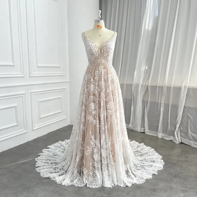 Factory Price Vintage Wedding Dress Bridal Gown Nude Spaghetti Strap IK Bennett Wedding Dress For Bridal