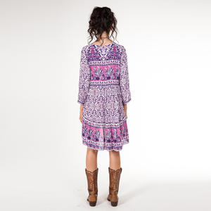 Mini <span class=keywords><strong>vestido</strong></span> bohemio con estampado floral <span class=keywords><strong>azul</strong></span>, cuello en V, manga 3/4, vestidos <span class=keywords><strong>para</strong></span> mujer, nueva temporada, estilo holgado de verano, vestidos de <span class=keywords><strong>playa</strong></span> bohemios EBAH002 - Product Image 5