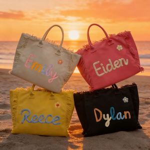 Bolso de Hombro de Lona para Playa, con Nombre Bordado Personalizado, Colores Mezclados, con Flecos, para Viaje, Uso Diario, Trabajo, Verano - Product Image 5