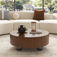 Table basse ronde en noyer de 35,43 pouces, moderne, à hauteur réglable, en forme de tambour, avec tiroir de rangement dissimulé et pieds sphériques