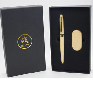 Souvenir New Promotional Black Customized Logo Printing USB Flash Drive gift box Wooden usb wooden pen set