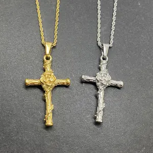 Fashion Punk 46mm Rose Cross Pendant Waterproof Rope Chain Stainless Steel Gold Silver Chrsitian Crucifix Pendant Necklace