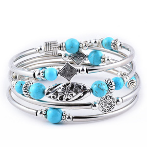 Pulseras de joyería de moda, envoltura de alambre trenzado, brazalete multicapa turquesa, envoltura de memoria en espiral, pulsera de joyería fina para mujer - Product Image 4