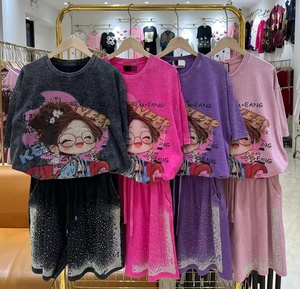 Set <span class=keywords><strong>Donna</strong></span> con T-Shirt a Maniche Corte <span class=keywords><strong>e</strong></span> Pantaloncini con Design Cartoon in Strass, Popolare Set in 100% Cotone OC1082 - Product Image 2