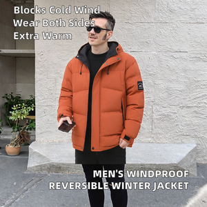 Veste matelassée réversible pour homme, coupe-vent, épaisse, à capuche, col montant contrastant, en coton, pour l'hiver - Product Image 2