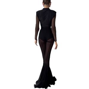 Femmes décontracté Patchwork plissé évasé pantalon Perspective maille mince pantalon nouveau 2025 été élastique taille haute Club pantalons longs - Product Image 5