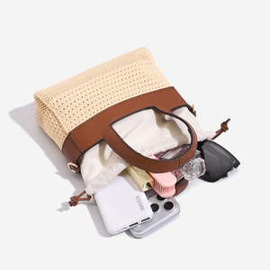 Nouveau Sac Panier Tressé d'Été 2026 pour Femme, Sac à Main Décontracté en Silicone Haut de Gamme avec Cordon de Serrage et Bandoulière en Coton Color-Block - Product Image 4