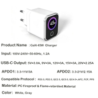 Adaptateur secteur USB C GaN 45W avec écran intelligent IA, certification multi-ports PD QC, chargeur Type C avec prises US, UK, EU, facile à transporter