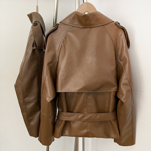 OFTBUY Chaqueta de cuero sintético para <span class=keywords><strong>mujer</strong></span>, moda primavera-otoño, abrigo de cuero sintético marrón, reseñas de <span class=keywords><strong>chaquetas</strong></span> de cuero PU, muchos modelos. - Product Image 4