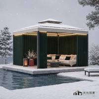 Gazebo rectangulaire à deux niveaux AL6063-T6 avec rideaux amovibles, LED, protection UV, résistant à la pluie, couleur kaki, style chinois, PVC, pour piscine et jardin