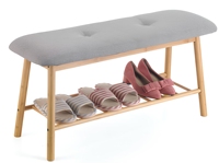 Banc à chaussures en bambou avec siège rembourré, étagère de rangement à 2 niveaux, organisateur d'entrée, banc de couloir pour salon, chambre à coucher, tabouret de rangement