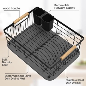 Dish Drainer With Wooden Handle And Tray L Size Square Shape For <b>Kitchen</b> Sink Countertop Dish <b>Storage</b> Drying Rack - Product Image 3