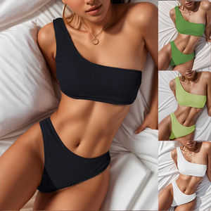 ชุดบิกินี่แบบแยกชิ้นผ้าลายงูสีพื้นสไตล์ยุโรปและอเมริกาสำหรับผู้หญิงปี 2026 แห้งเร็ว กันน้ำ สายคล้องไหล่เดียว โลโก้ด้านหน้า - Product Image 2