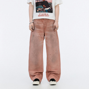 <span class=keywords><strong>Vaqueros</strong></span> casuales de pierna recta para <span class=keywords><strong>hombre</strong></span>, de la marca americana de moda, con doble rodilla, color rosa, efecto desgastado y lavado a la tinta, estilo workwear tipo cabaña. - Product Image 1
