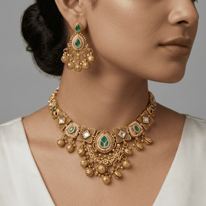 Brass Antique Gold Plated Rope <b>Chain</b> Green Stones Pendant Necklace Set Matching Earrings for Women Traditional Wedding Fashion - Product Image 1